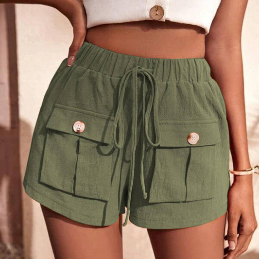 Solid Buttoned Drawstring Elastic Waist Shorts With Pockets