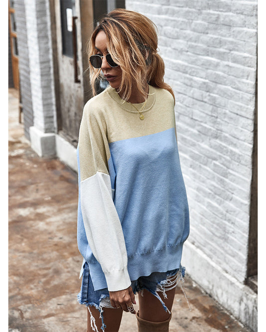 Round Neck Colorblock Batwing Sweater