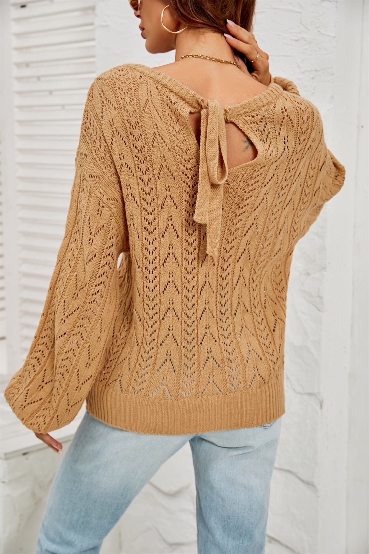 Tie Back Knitted Round Neck Pullover Sweater