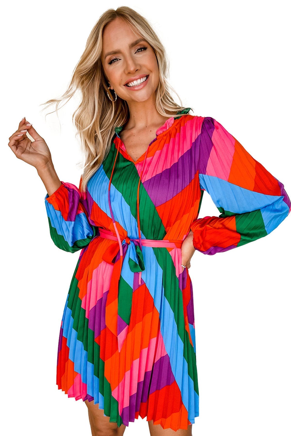 Multicolor Color Block Pleated Lace-Up High Waist Mini Dress