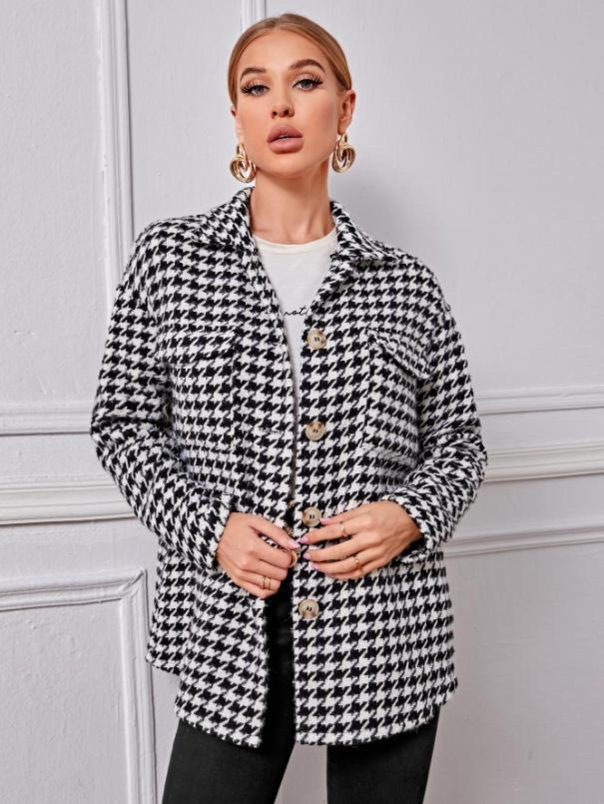 Collared Neck Single-Breasted Houndstooth Coat