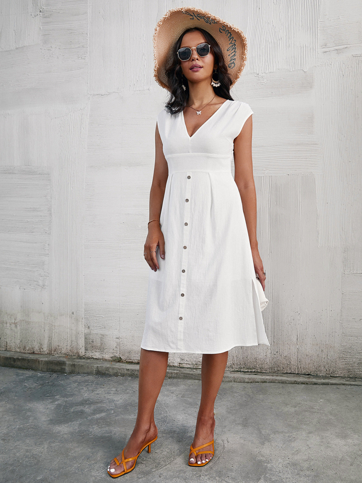 White V-Neck Buttoned Sleeveless Side Slit Dress