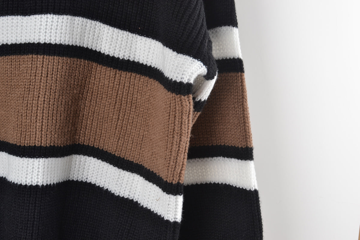 Casual Zipper Collared Lantern Sleeve Stripe Knitted Sweater