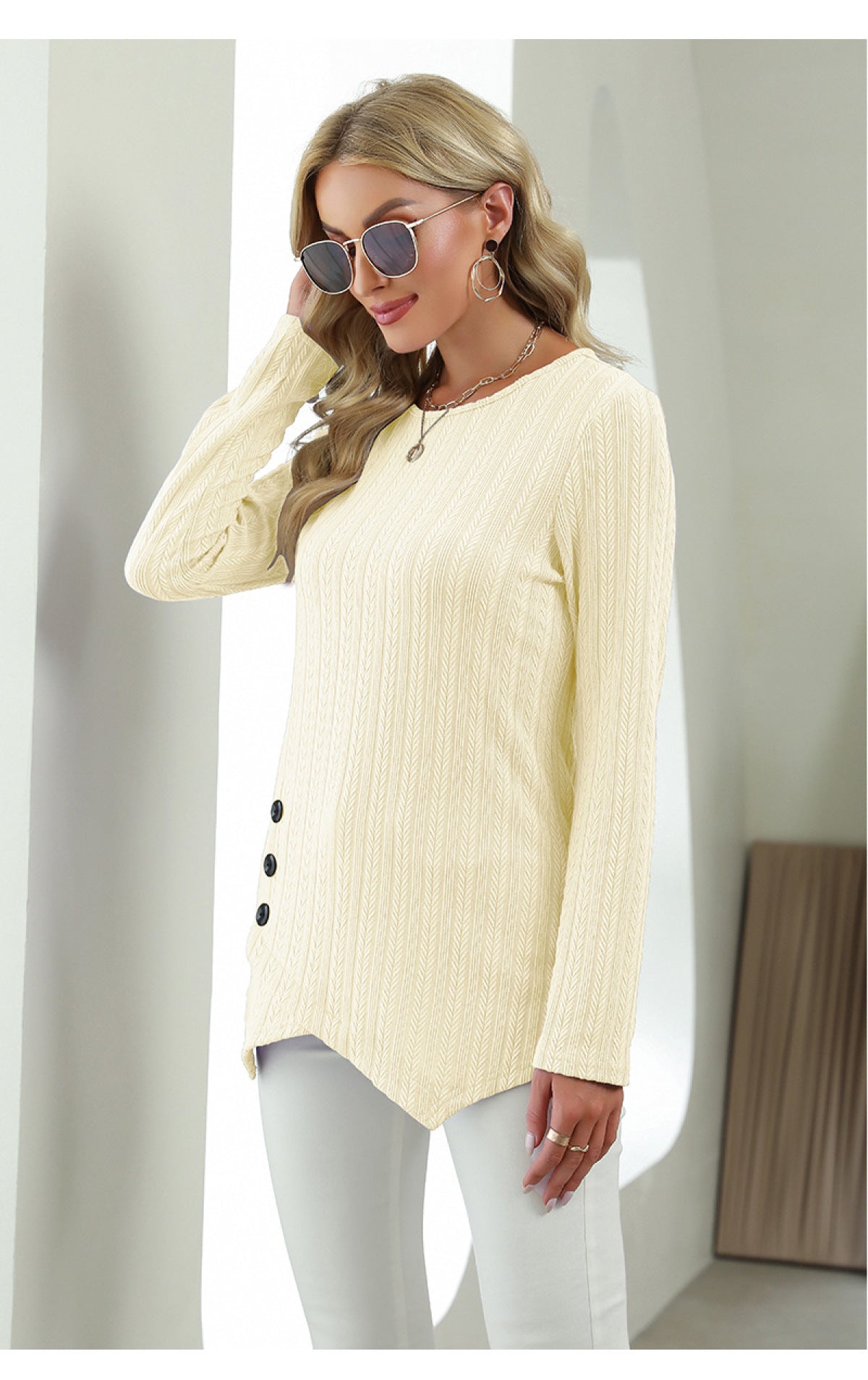 Round Neck Long Sleeve Asymmetrical Blouse With Buttons