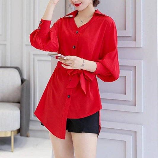 Asymmetric Collared Single-Breasted Blouse With Belt