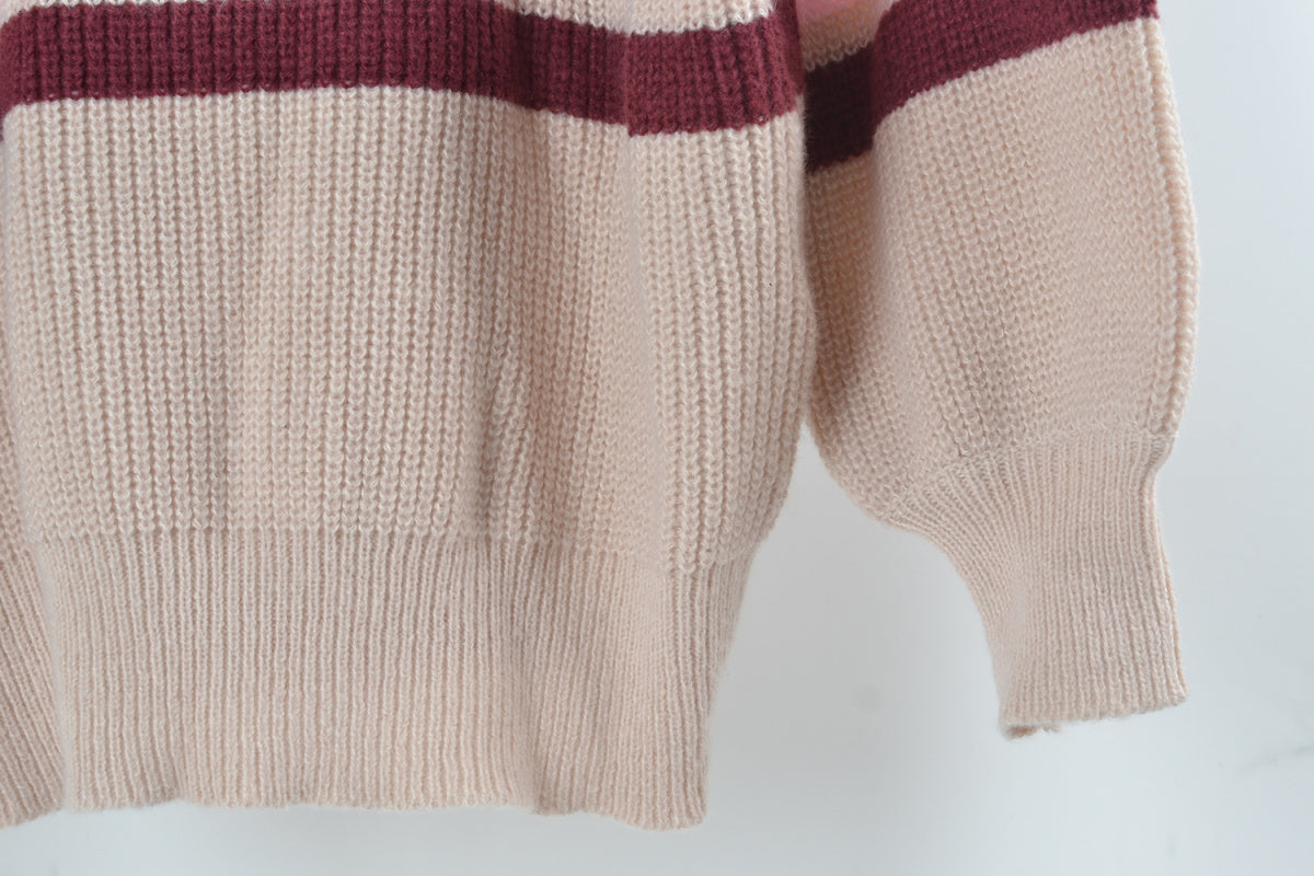 Casual Zipper Collared Lantern Sleeve Stripe Knitted Sweater