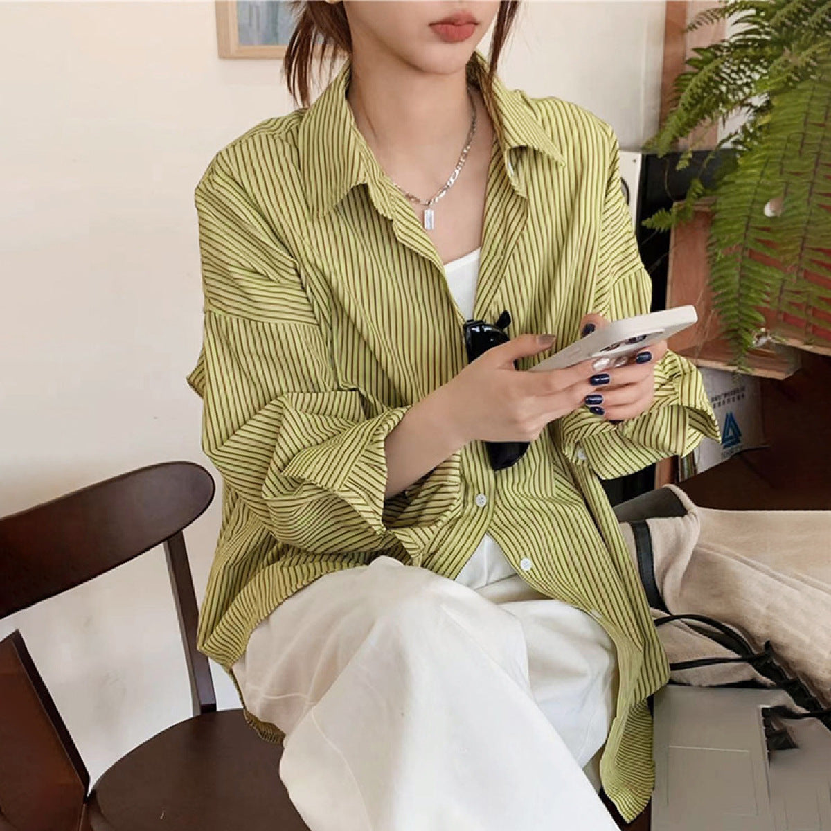 Loose Striped Long-Sleeved Single-Breasted Blouse