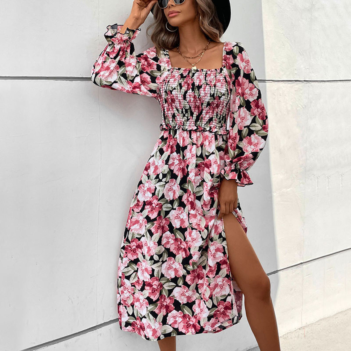Square Neck Ruffle Sleeve Shirring Slit Floral Print Midi Dress