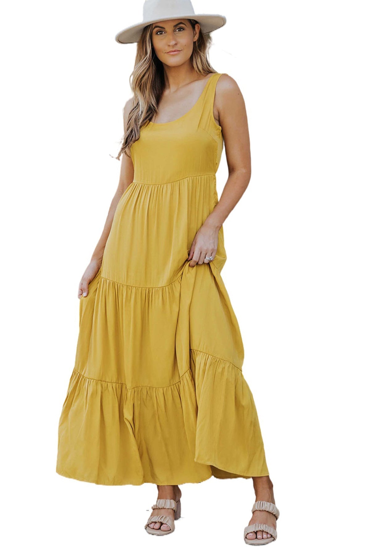 Yellow Sleeveless Ruched High Waist Maxi Dress