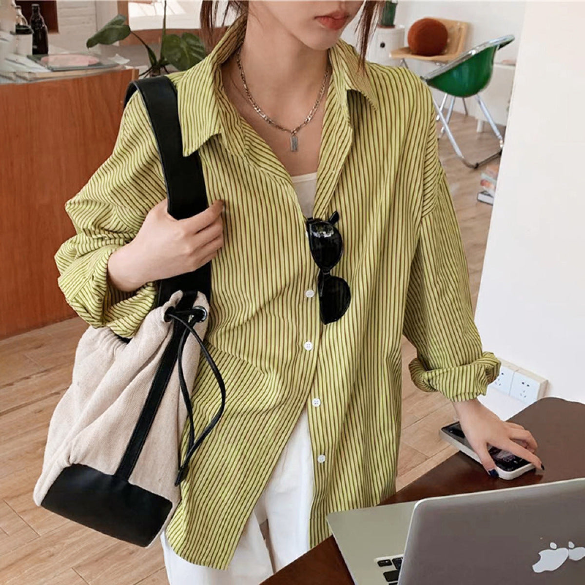 Loose Striped Long-Sleeved Single-Breasted Blouse