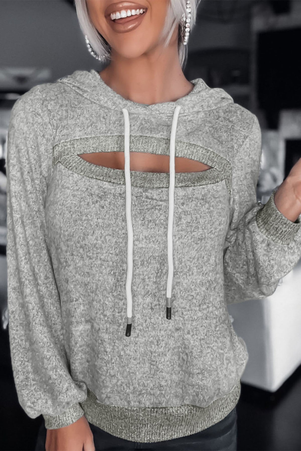 Gray Ribbed Trim Cut-Out Bust Drawstring Hoodie