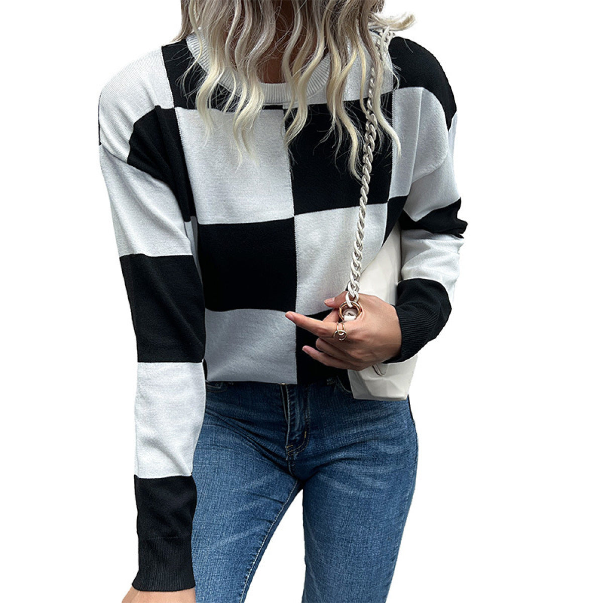 Crew Neck Long Sleeve Checkerboard Sweater
