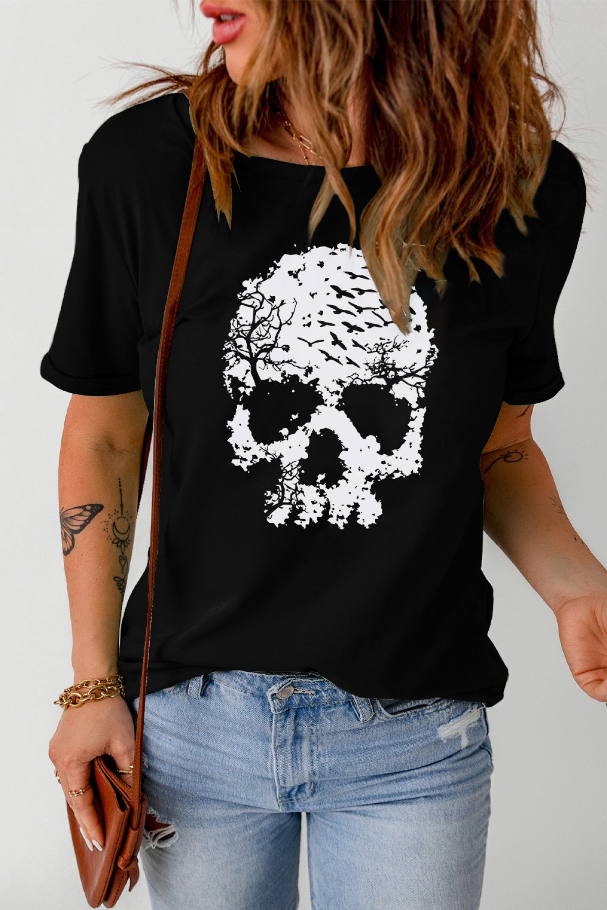 Black Skull Graphic Print Crew Neck T Shirt