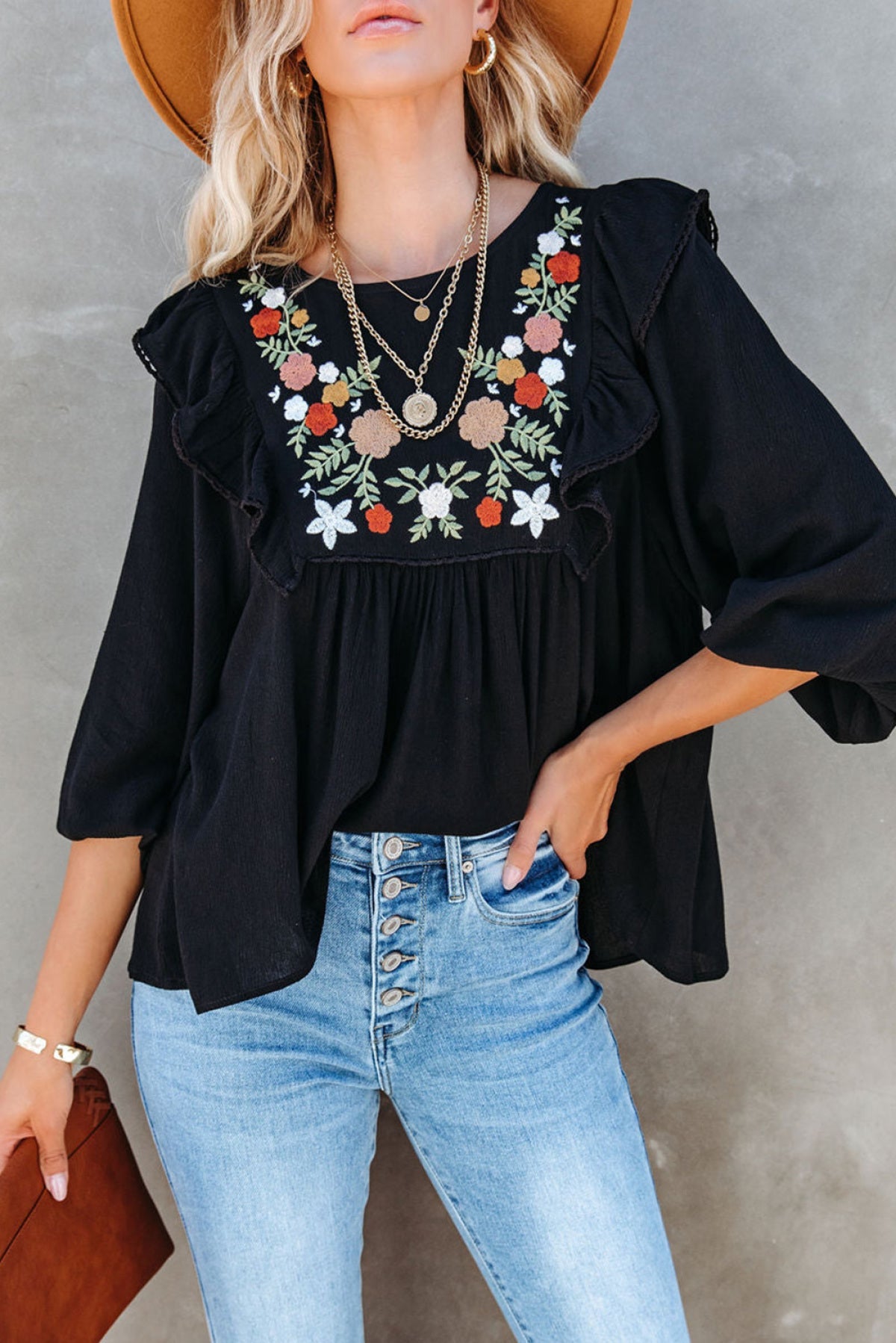Black Bohemian Floral Embroidered Ruffled Babydoll Top