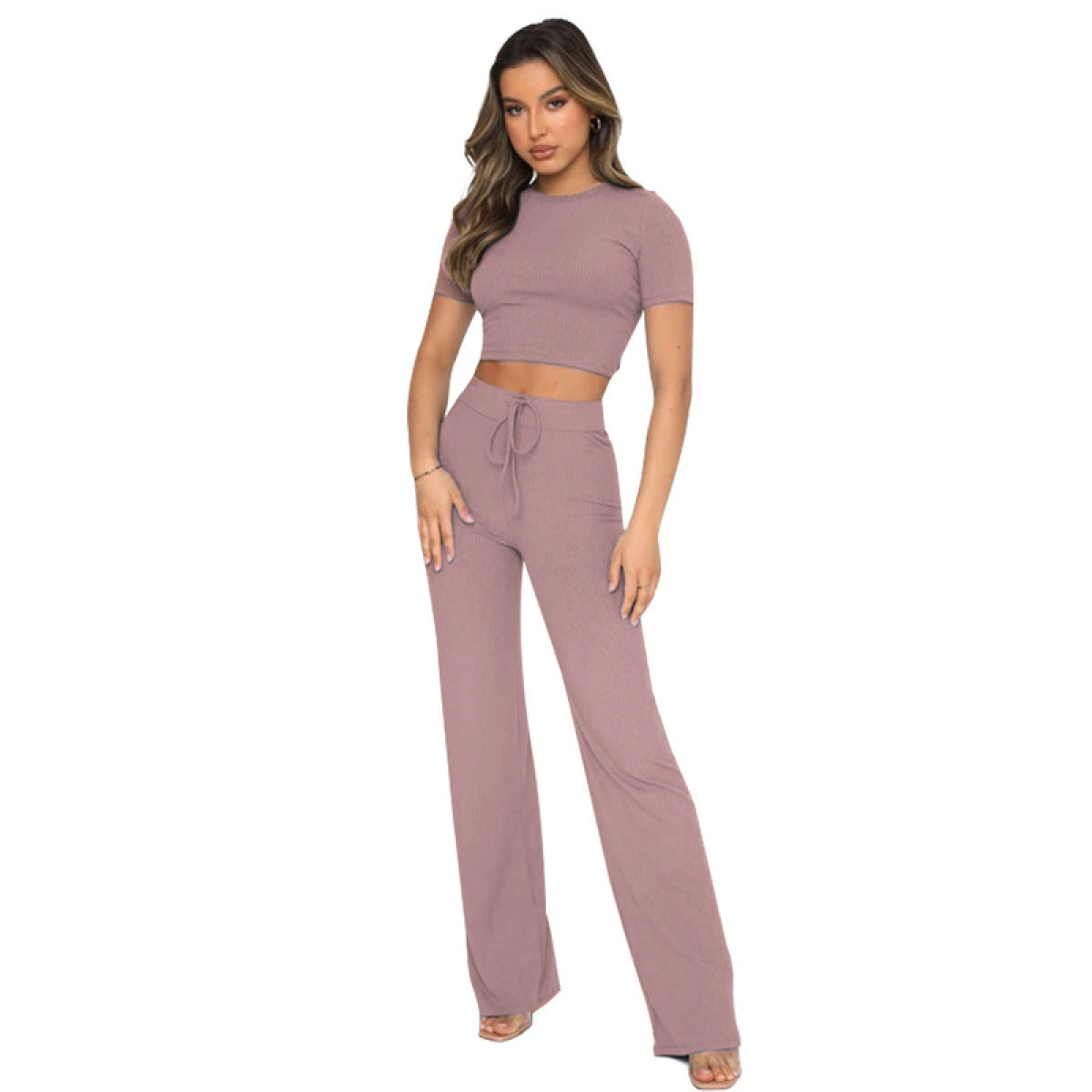 Casual High Elastic Short-Sleeved Top & Wide-Leg Pants Two-Piece Set