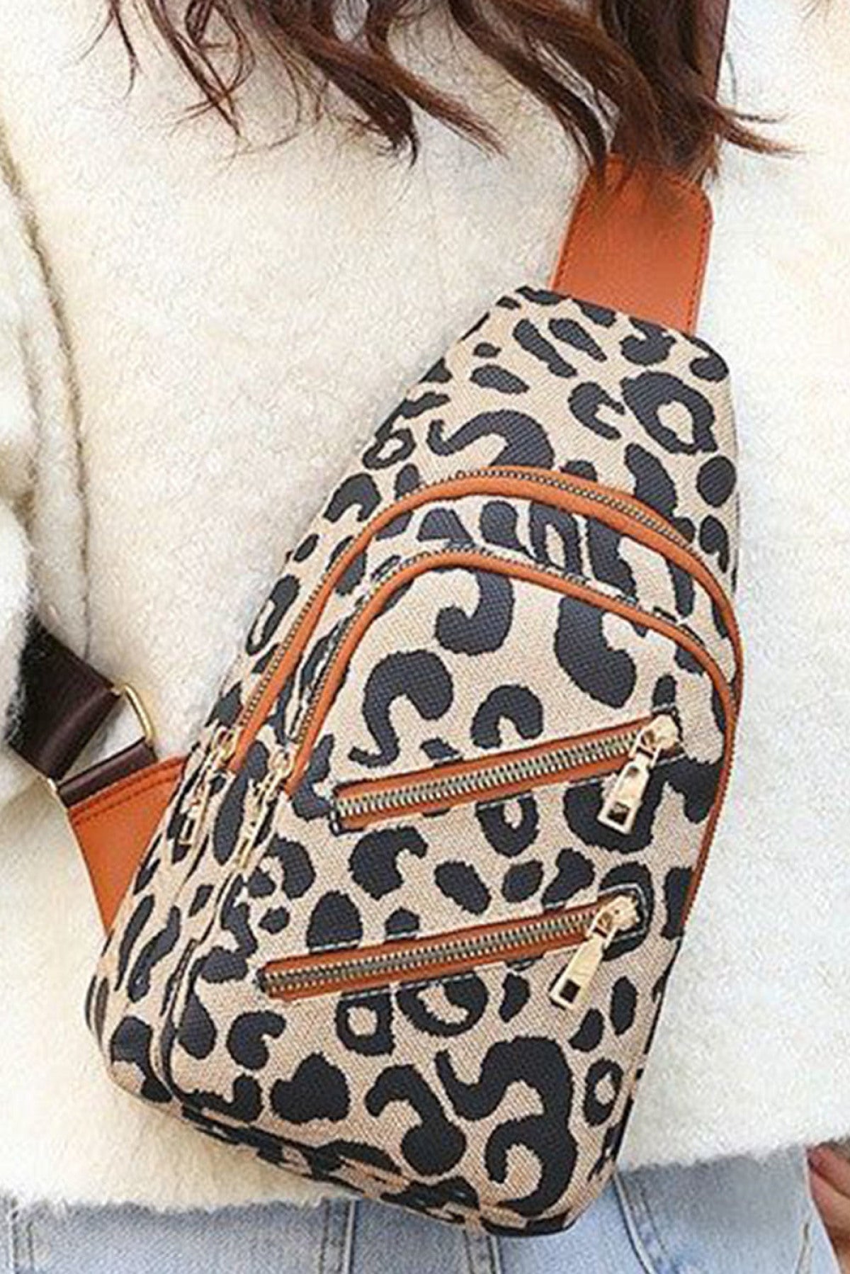 Leopard Leopard Print Multi-Zip Inclined Shoulder Bag