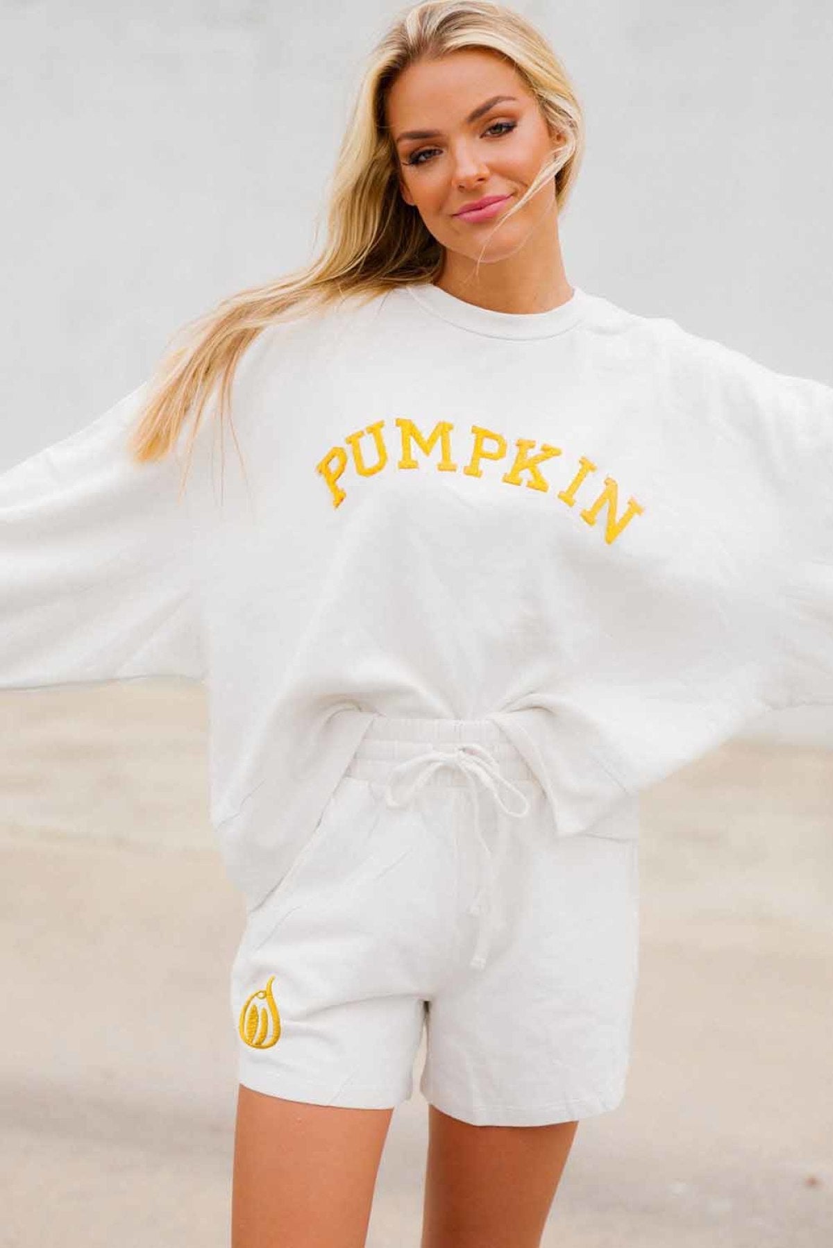 White PUMPKIN Flocking Graphic Pullover Sweatshirt And Shorts Set