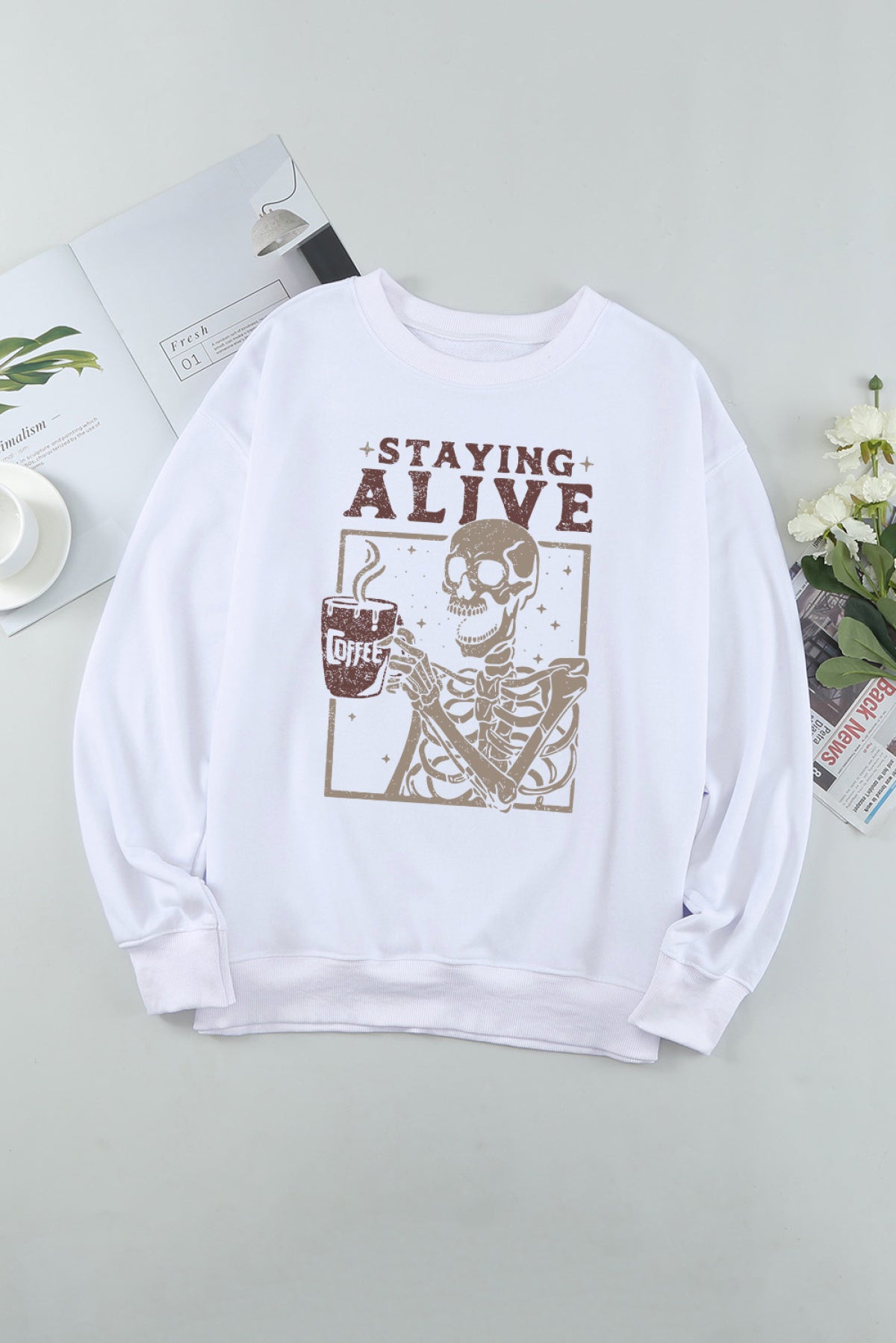 White Skeleton Coffee Letter Graphic Print Pullover Sweatshirt