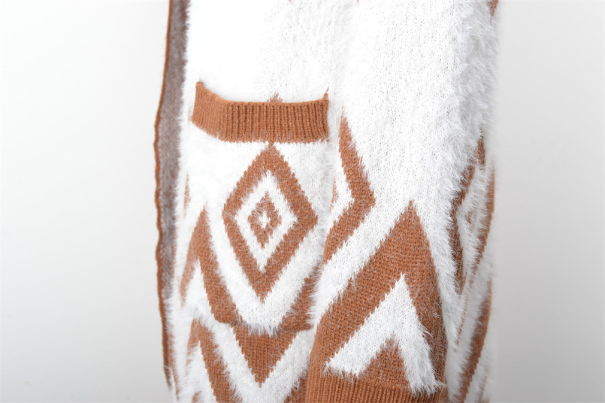 Fluffy Rhombus Print Long Sleeve Mid-length Cardigan Sweater