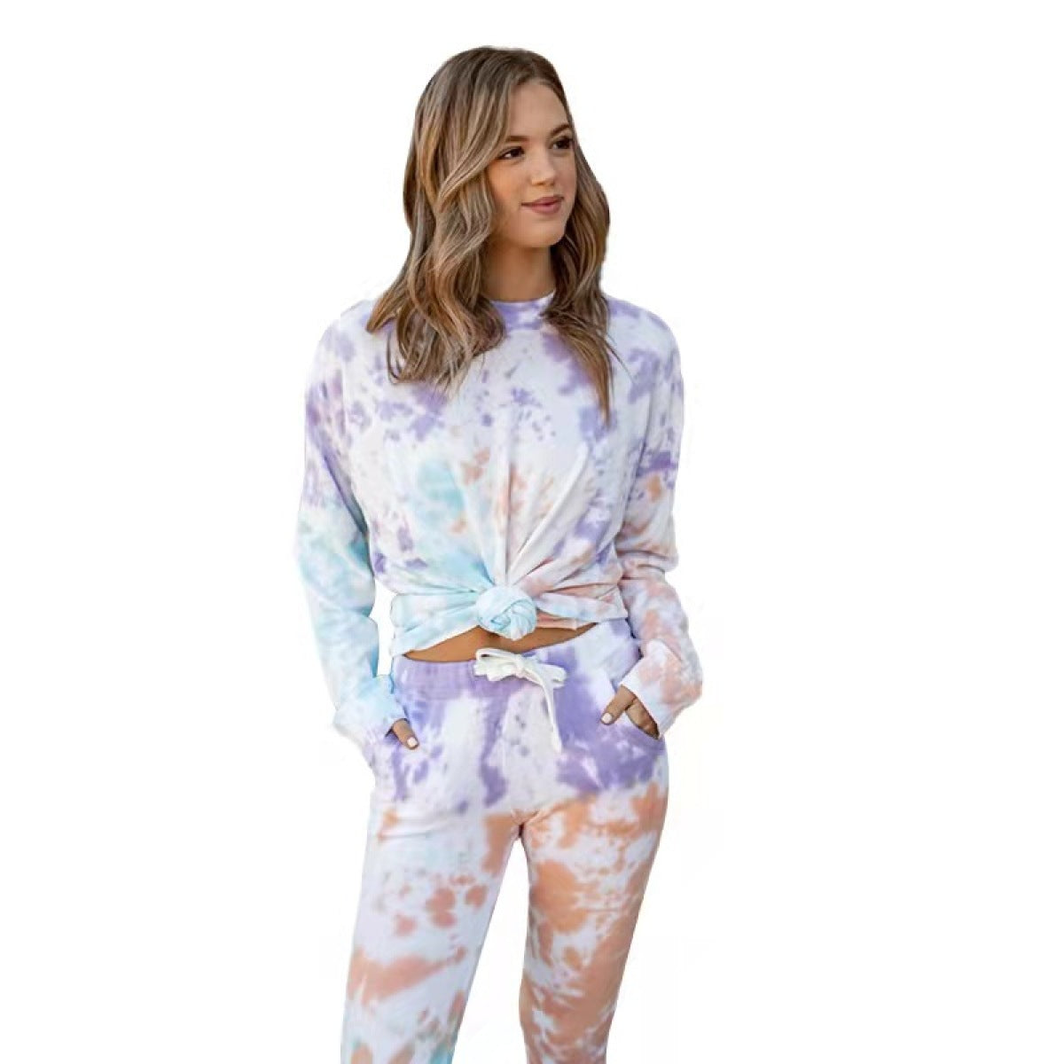 Casual Tie Dye Round Neck Long Sleeve & Pants With Pocket Set