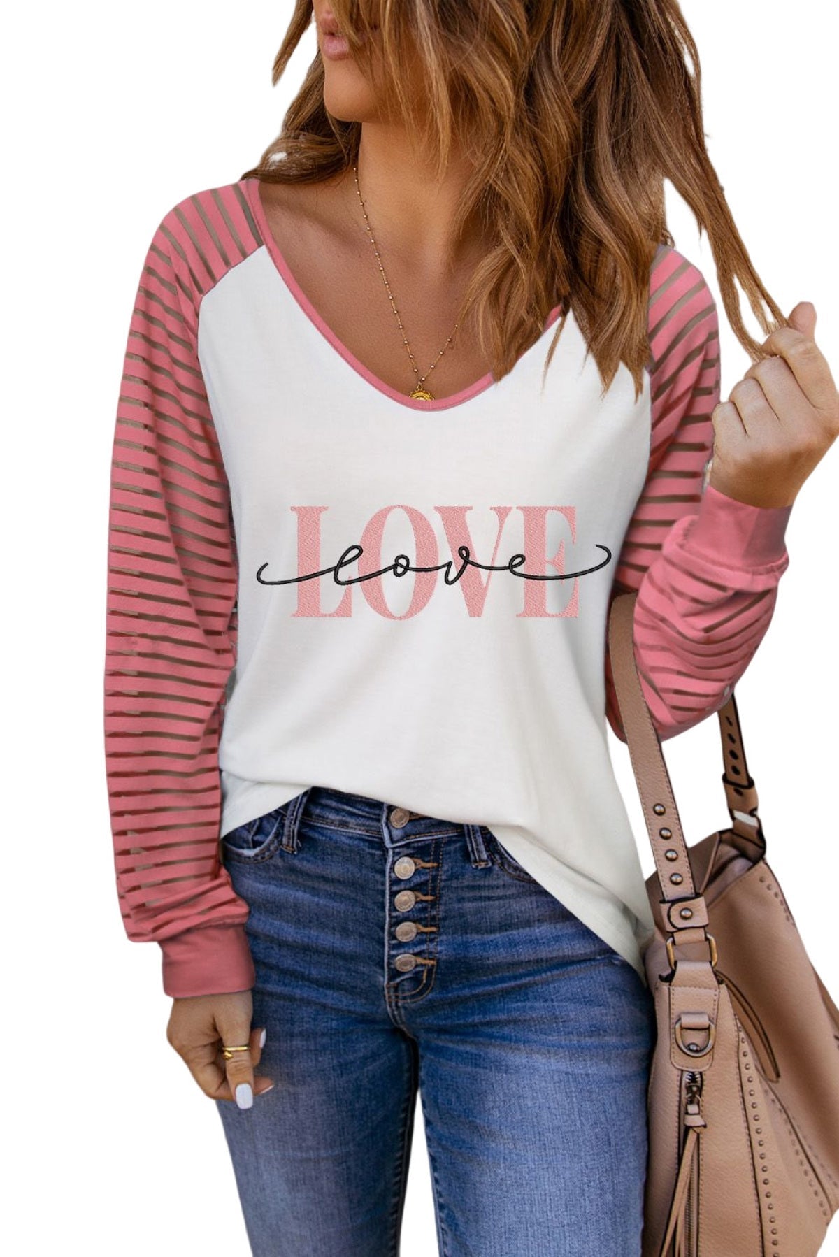Pink Love Embroidered Sheer Patch Long Sleeve Top