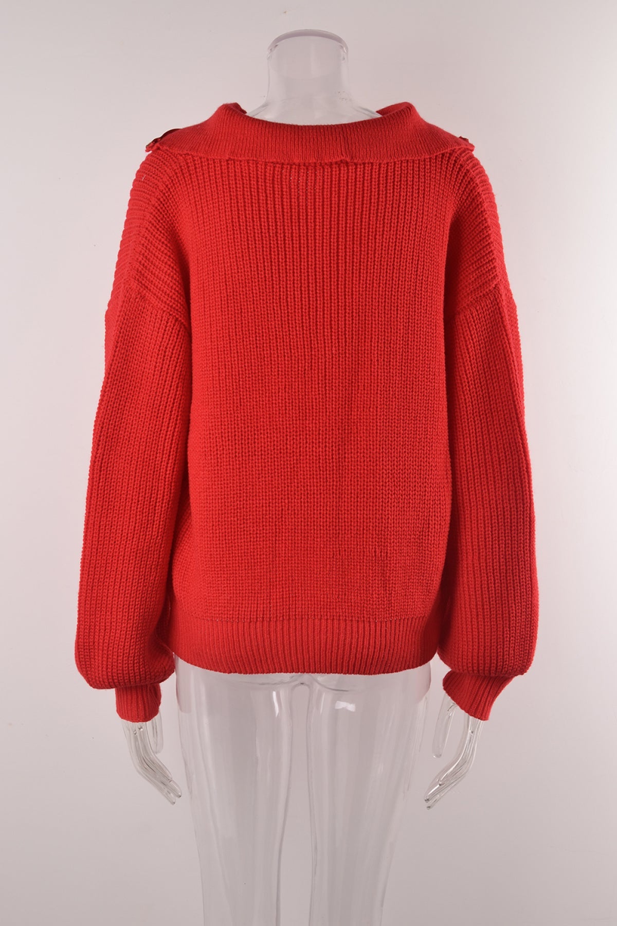 Pullover Zipper Knitted Collared Balloon Sleeve Sweater