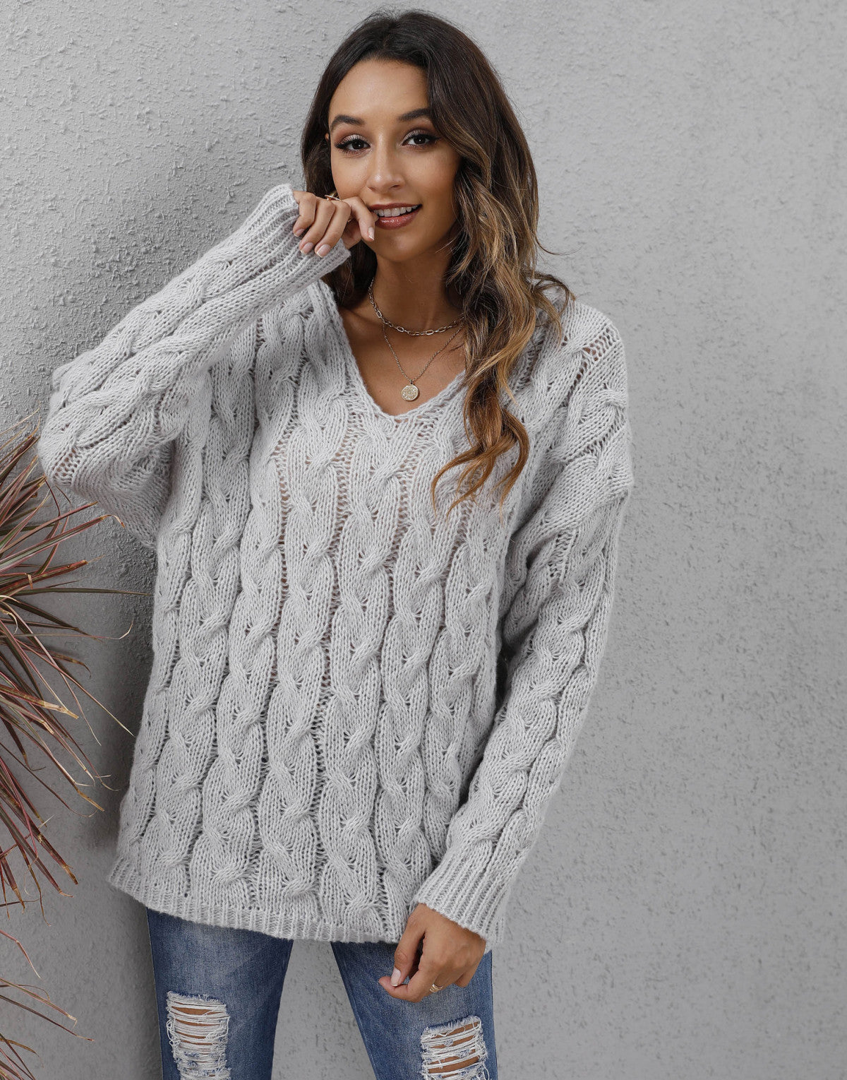 Hooded Long Sleeve Cable Knitted Sweater
