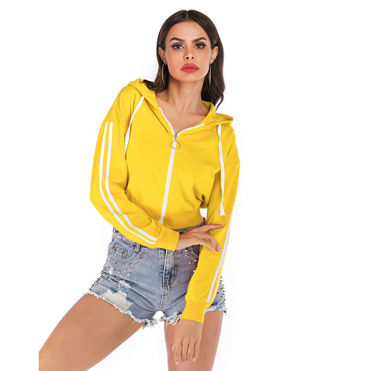Plus Size Solid Striped Sleeve Zipper up Cropped Hoodie