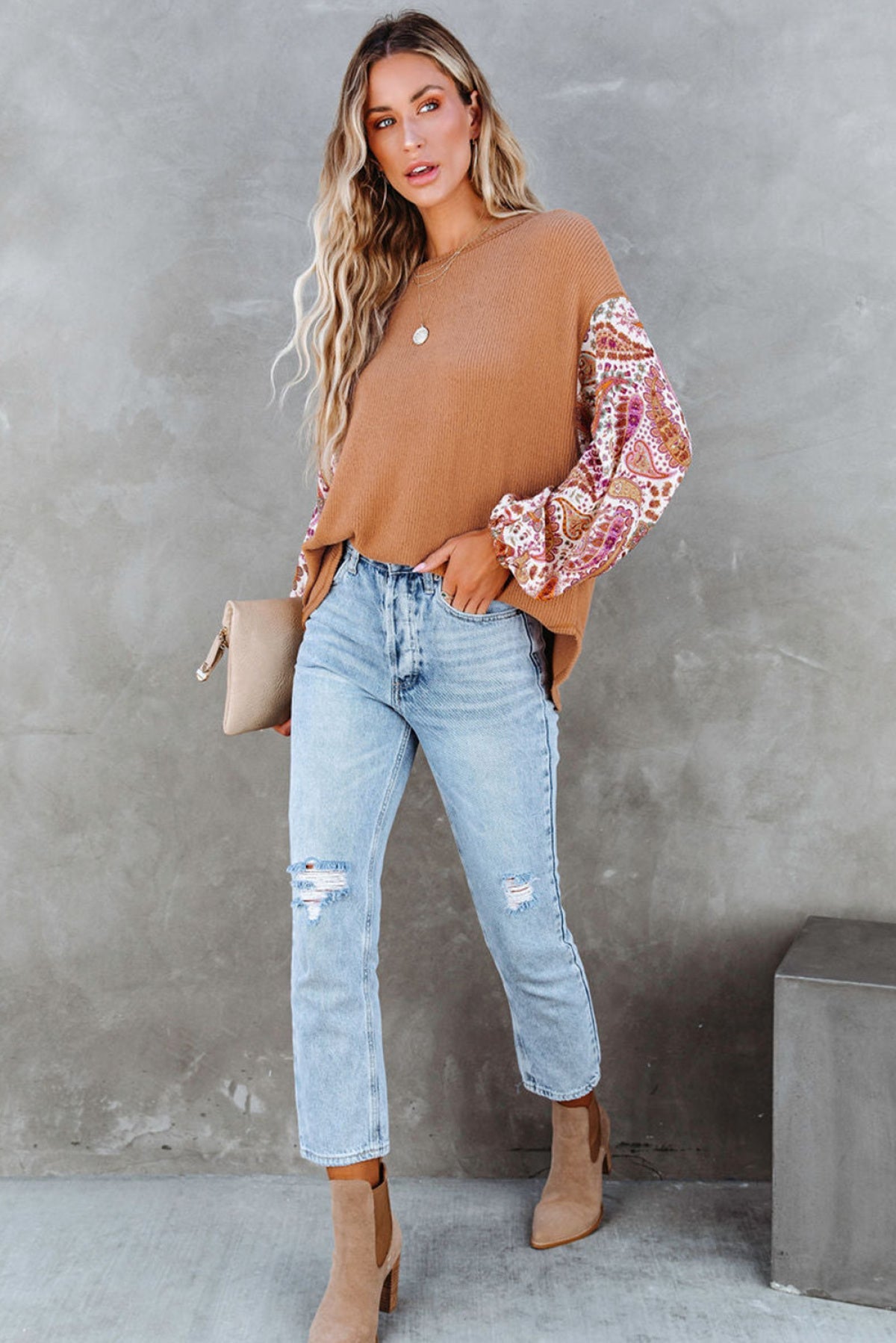 Orange Paisley Contrast Bubble Sleeve Ribbed Top