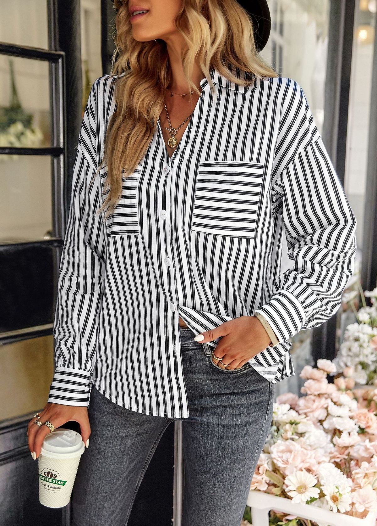 Collared Neck Long Sleeve Striped Button Blouse With Pockets