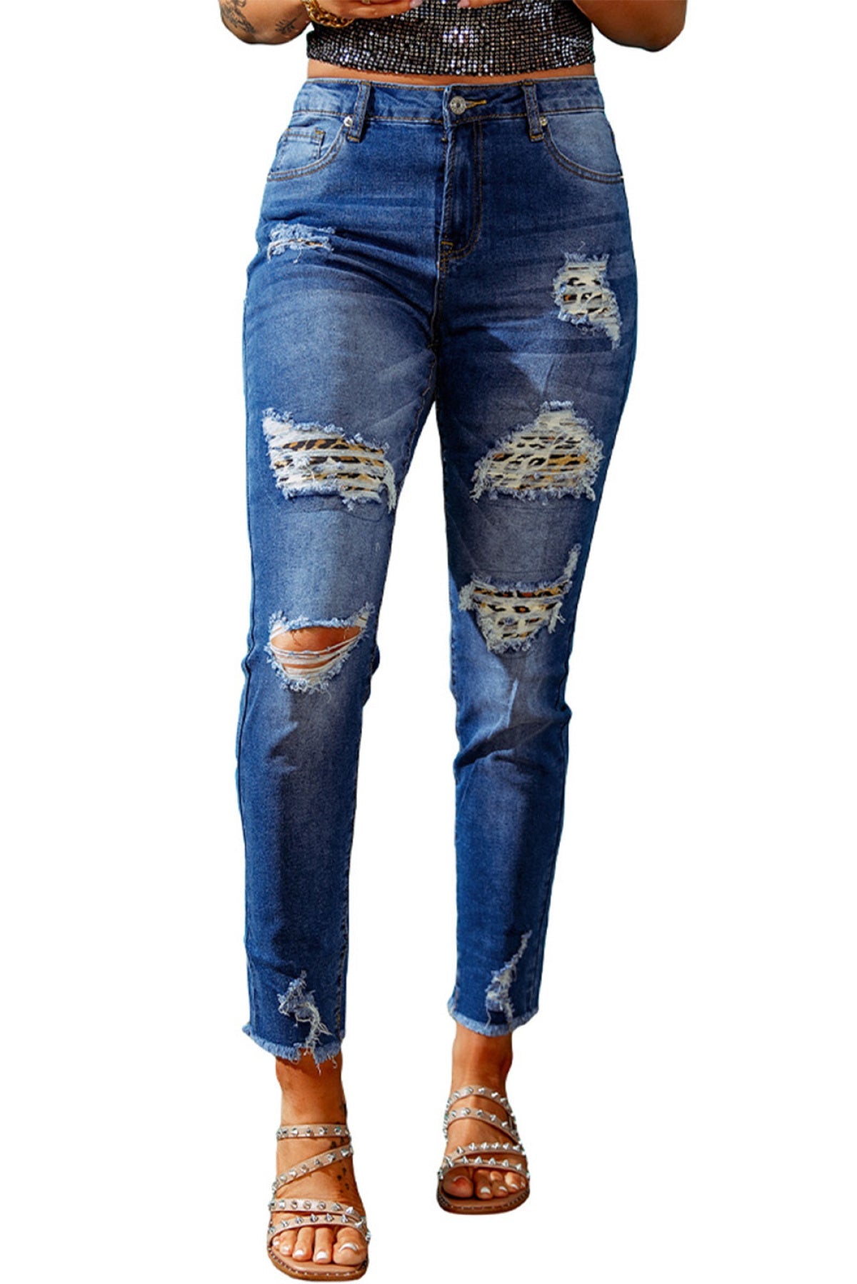 Dark Blue Washed Skinny Jeans With Distressed Leopard Print