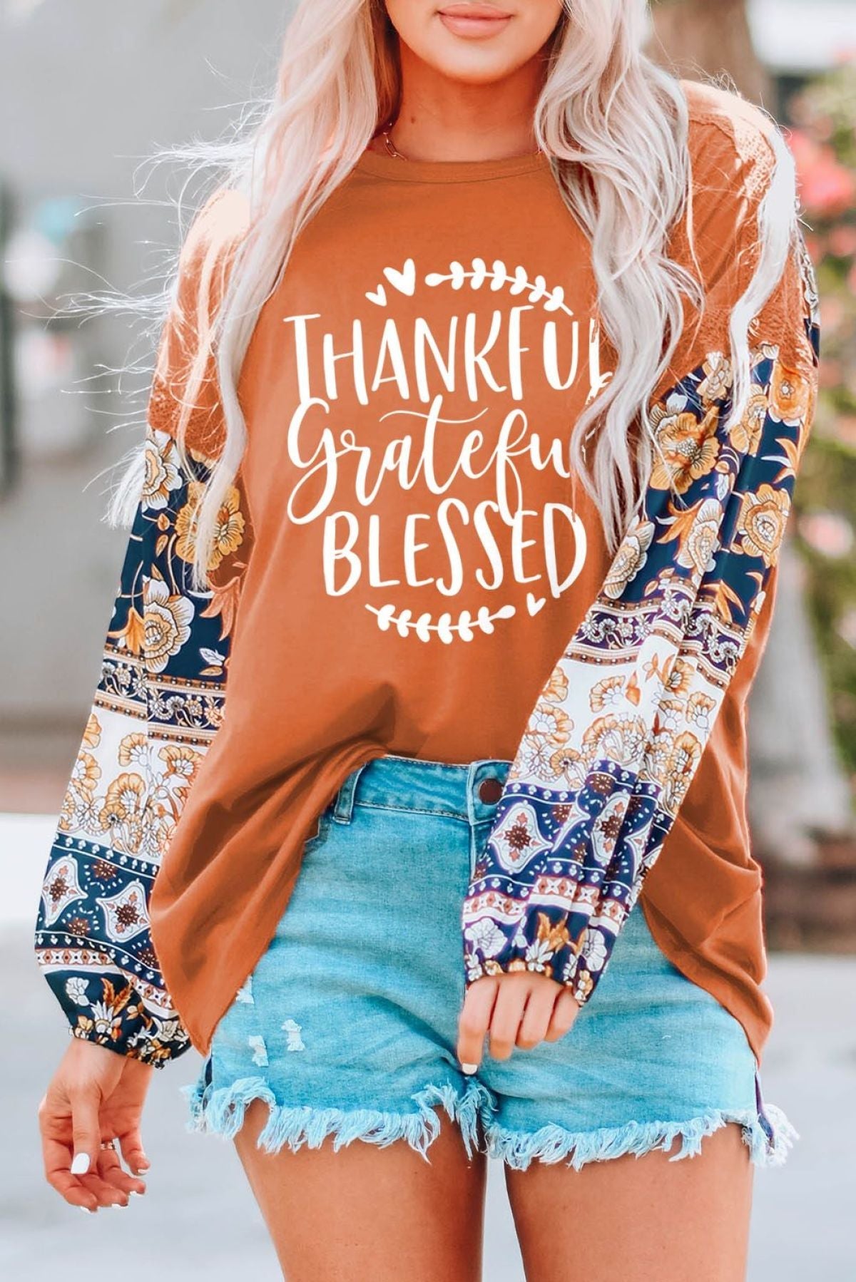 Brown Thankful Grateful Blessed Print Floral Sleeve Top