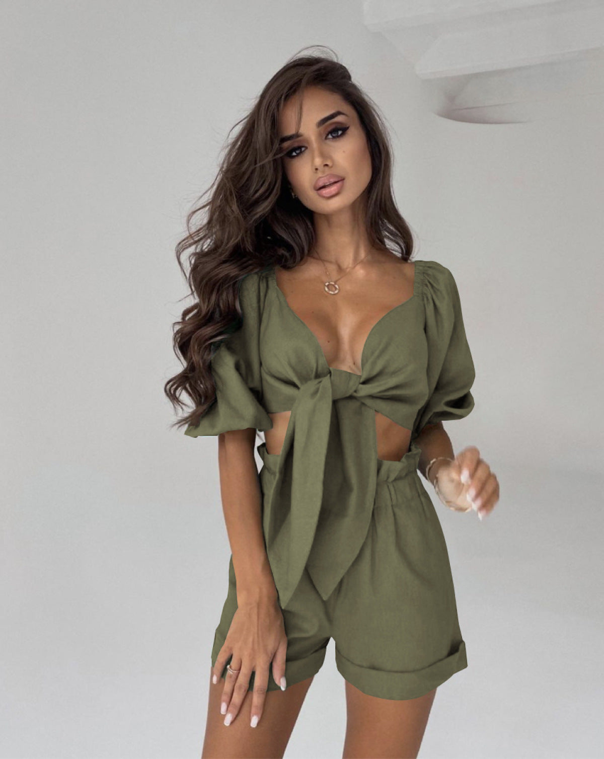 Puff Sleeve Knot Front Solid Color Blouse and Shorts Set