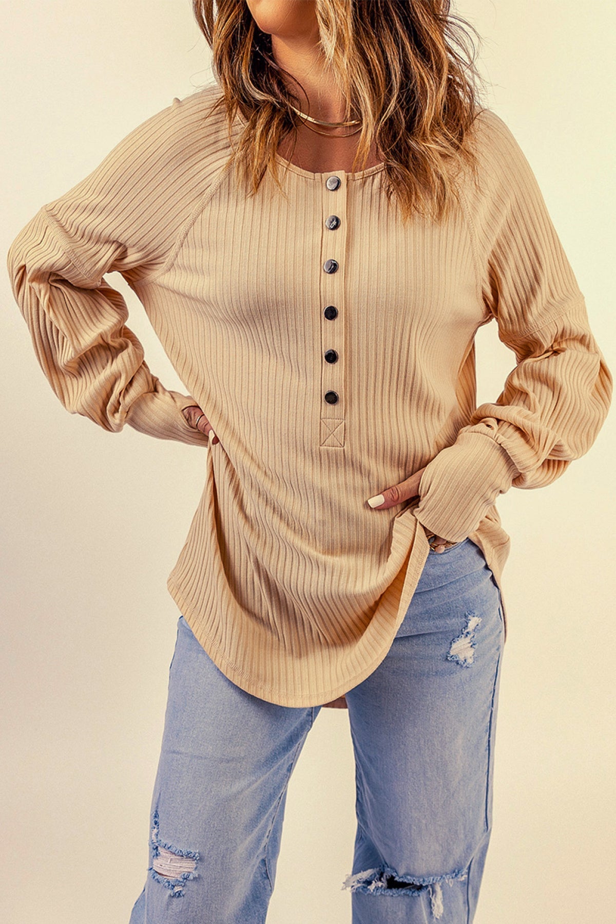 Apricot Ribbed Textured Thumbhole Puff Sleeve Pullover