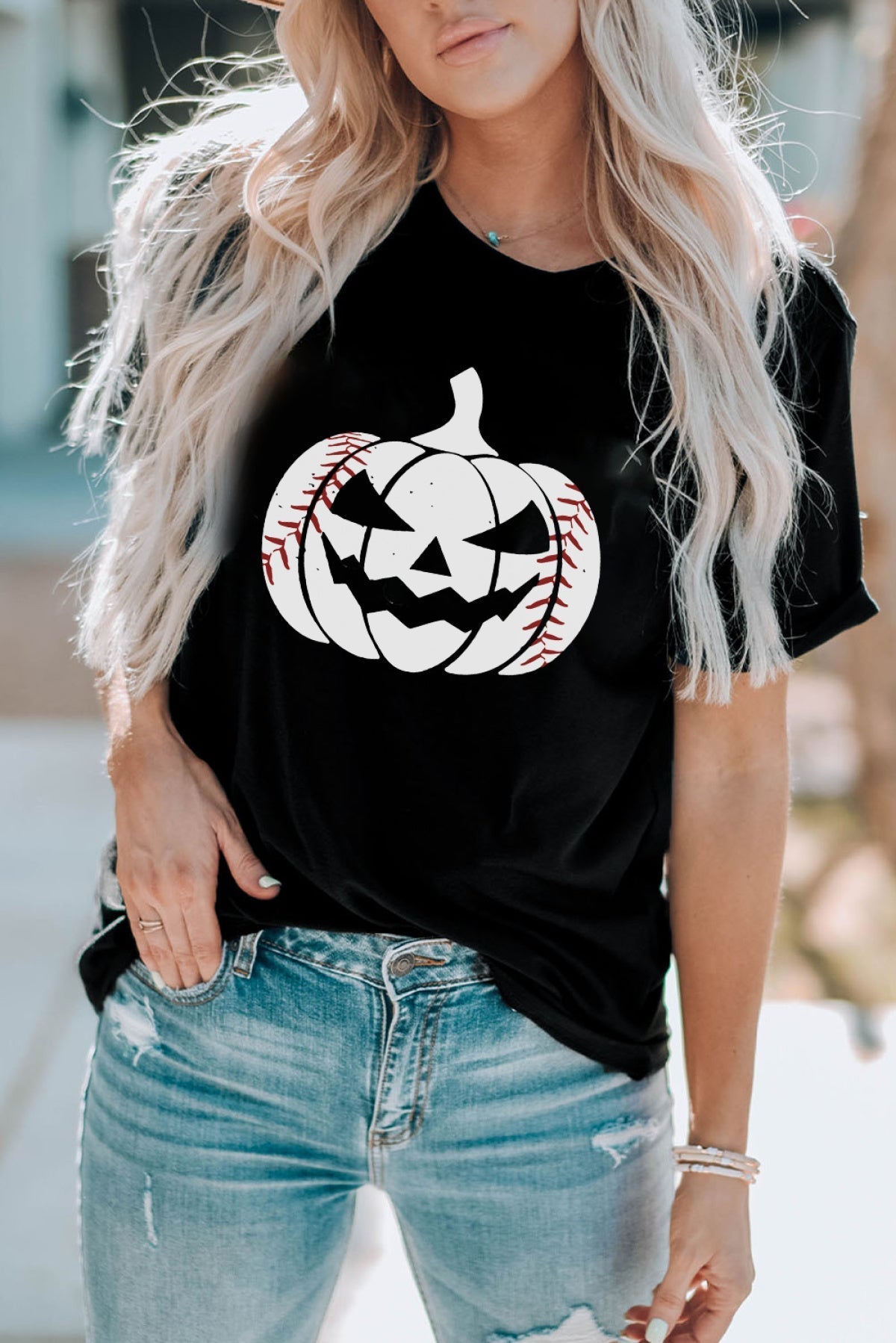 Black Halloween Pumpkin Face Pattern Short Sleeve Tee