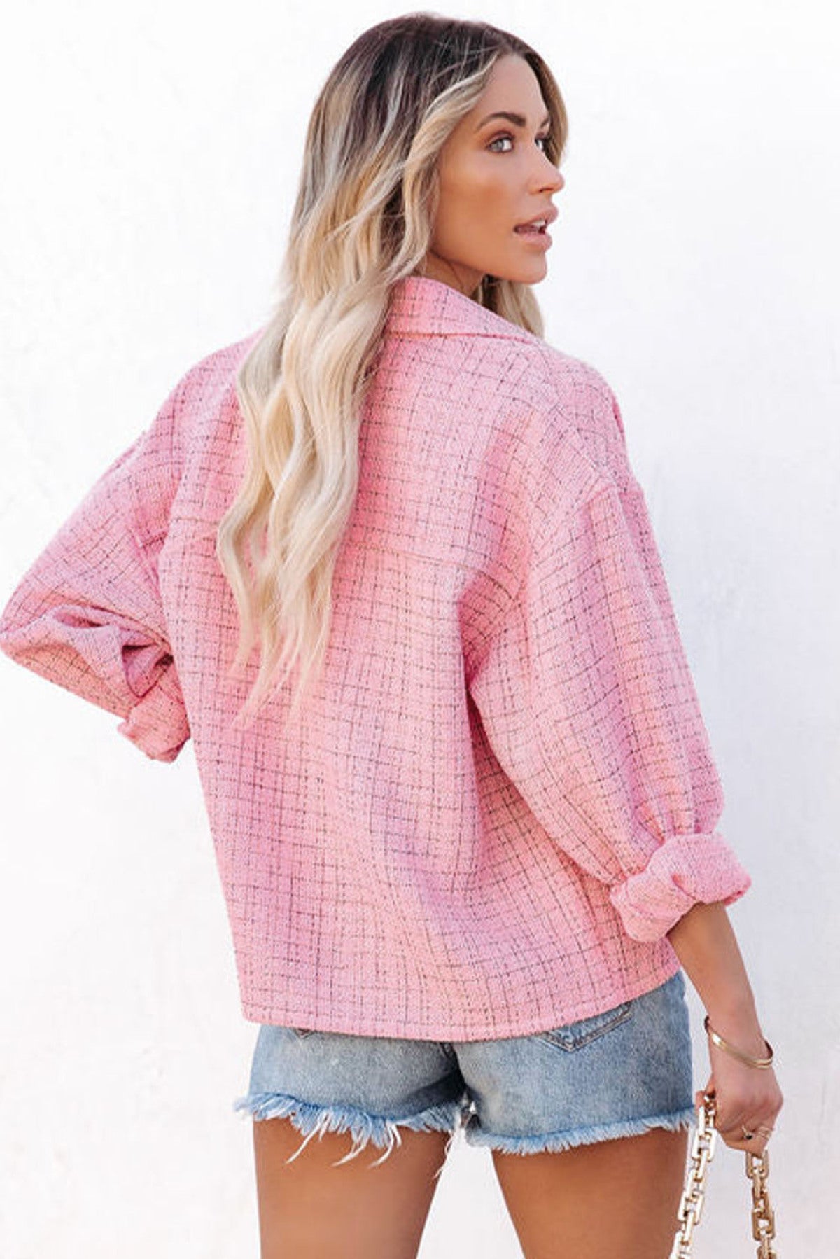 Pink Plaid Tweed Button Up Shacket