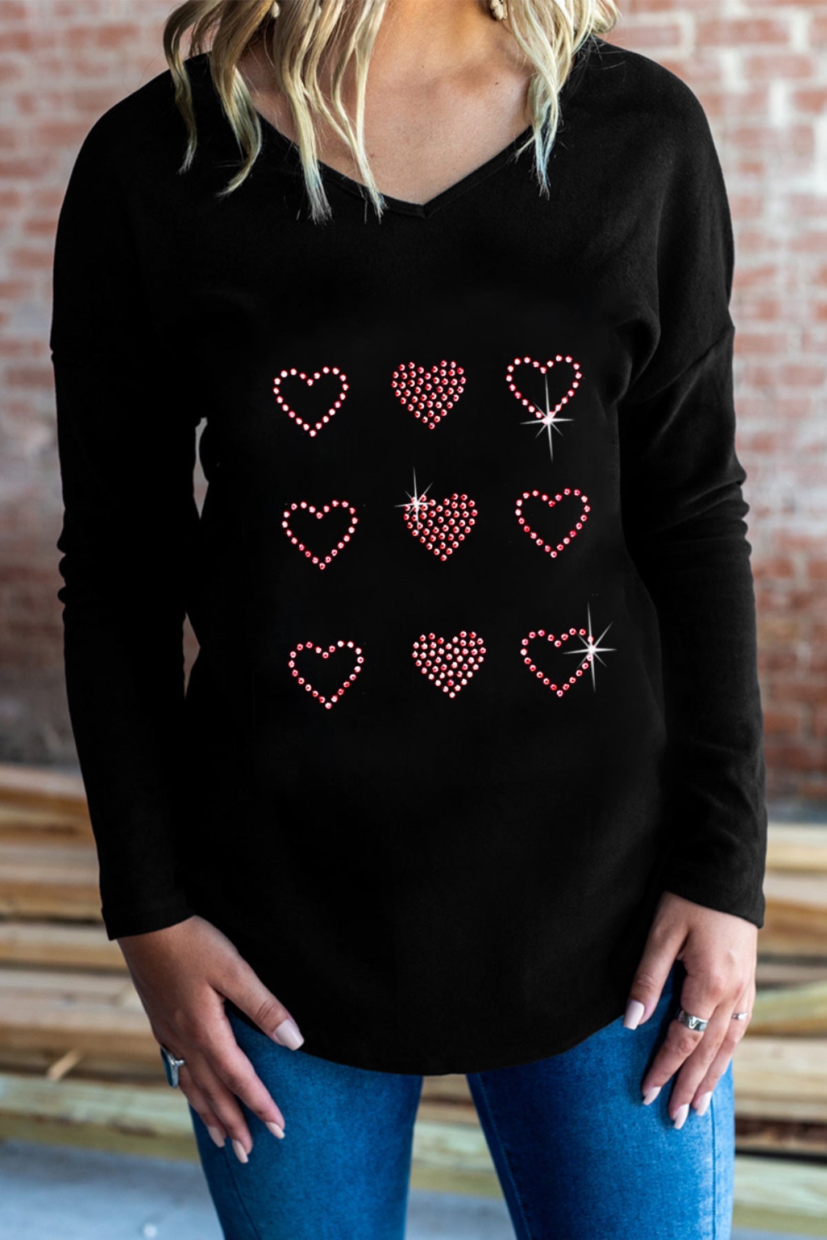 Black Valentine\'S Day Rhinestone Heart Pattern Long Sleeve Tee