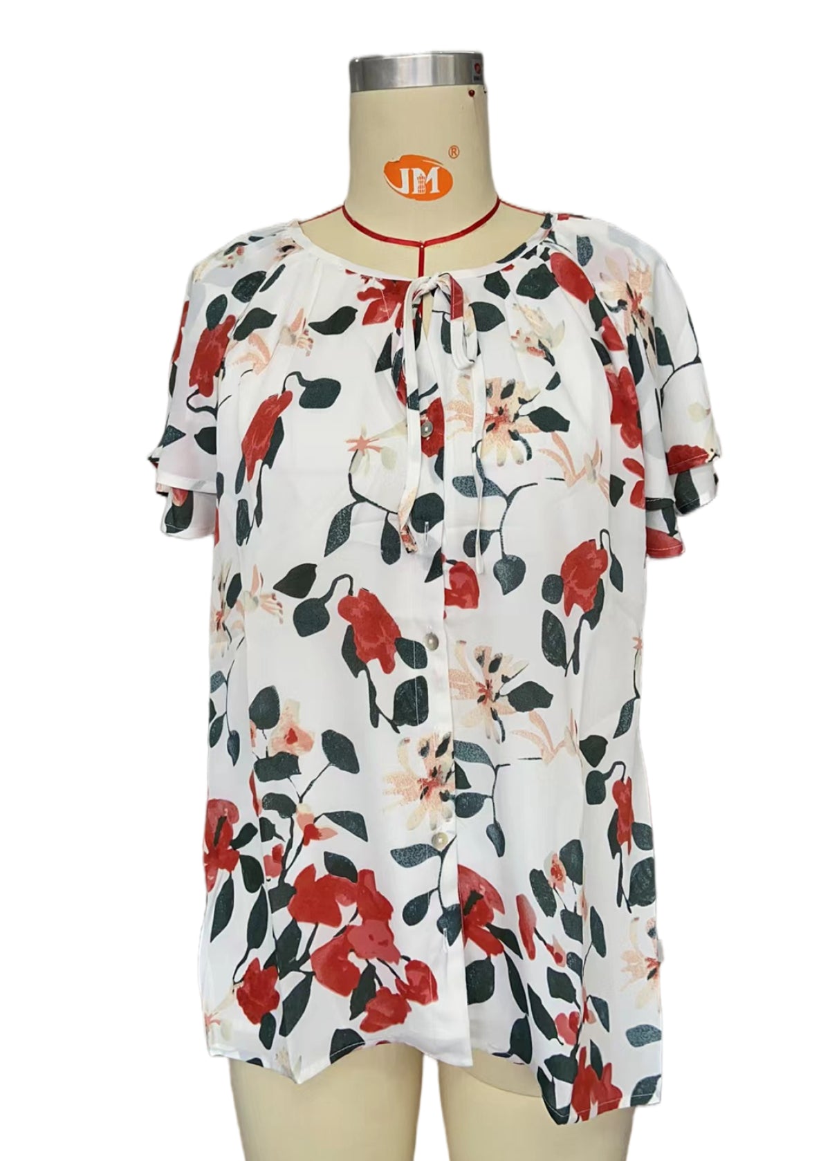 White Floral Print Buttons Tiered Ruffled Short Sleeve Shirt