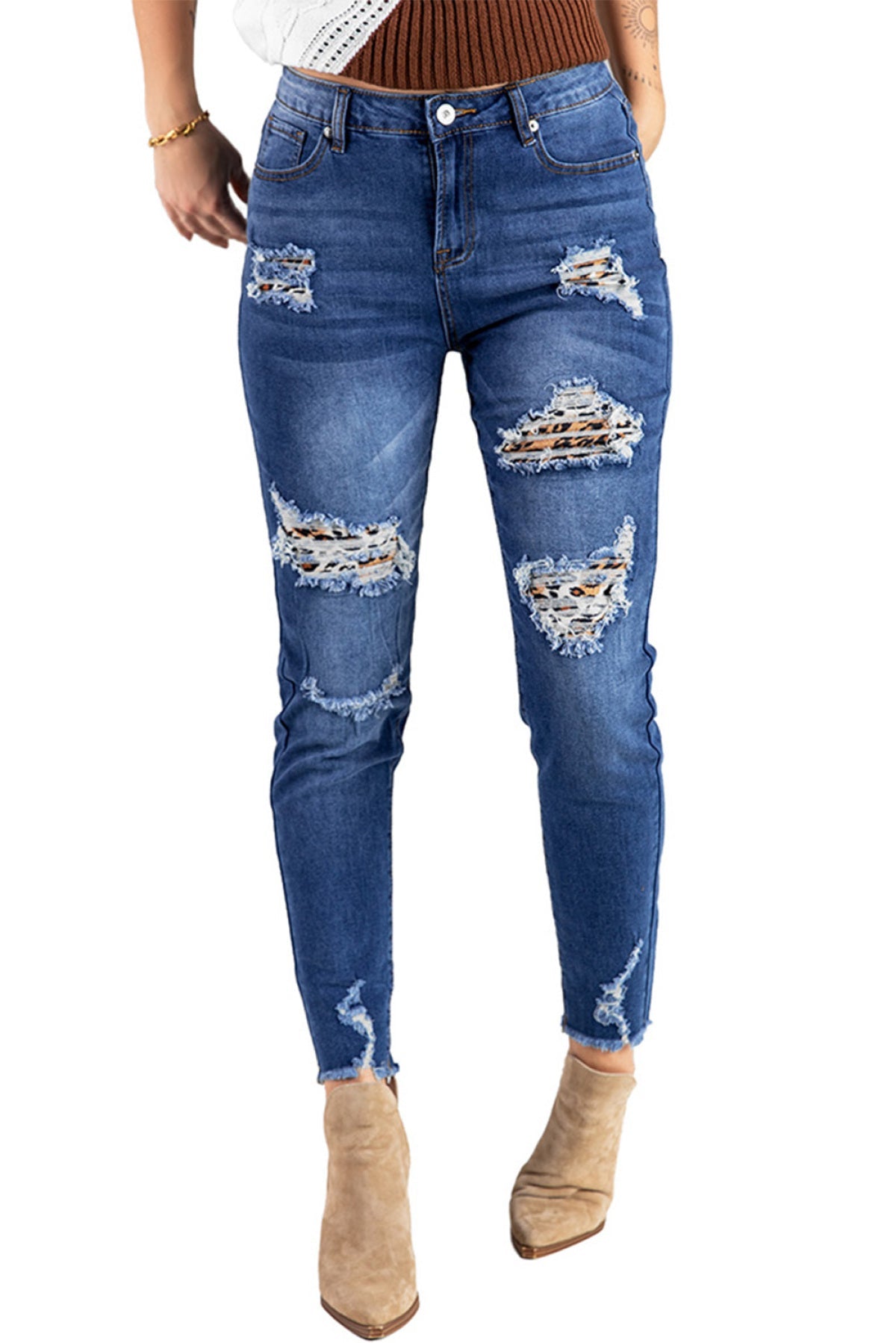 Dark Blue Washed Skinny Jeans With Distressed Leopard Print